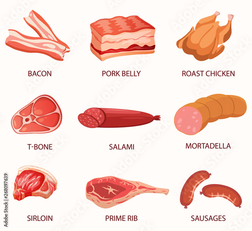  et of meat products with a colorful vector pattern. Fresh food design elements: bacon, pork belly, roast chicken, t-bone, salami, mortadella, sirloin, prime rib, sausages