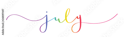 JULY rainbow brush calligraphy banner with swashes