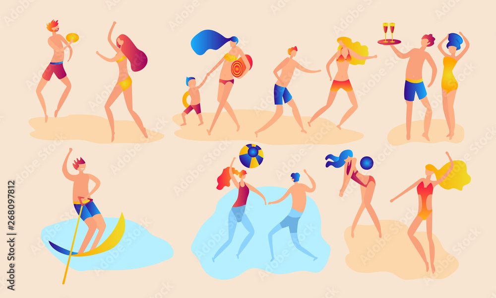 People at beach or seashore relaxing and performing leisure outdoor activities - sunbathing, playing volleyball, walking, surfing, swimming in sea or ocean. Illustration of seaside leisure activities People at beach or seashore relaxing and performing leisure outdoor activities - sunbathing, playing volleyball, walking, surfing, swimming in sea or ocean. Illustration of seaside leisure activities