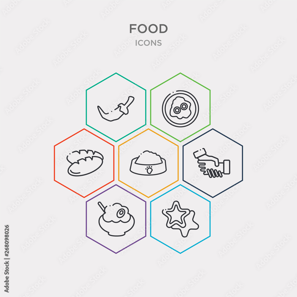 simple set of flower shaped biscuits, foods, congratulations, dog food icons, contains such as icons loaf of bread, two eggs, hot chilli pepper and more. 64x64 pixel perfect. infographics vector