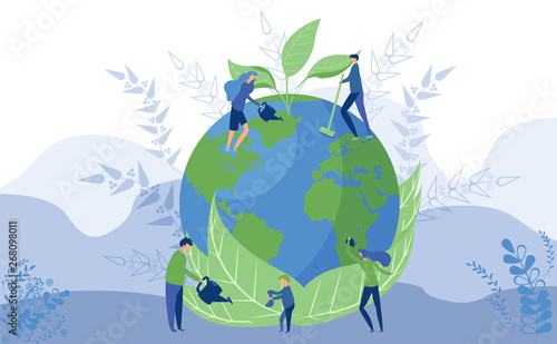 Worlds Environment Day concept. Illustration of our planet and people which save and take care of its ecological and environmental state 