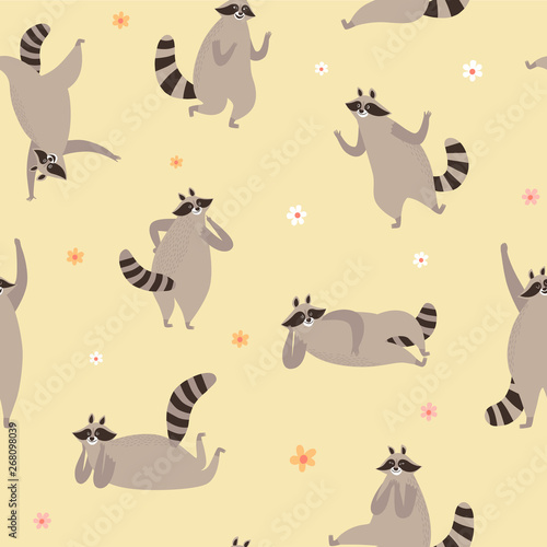 Cute raccoons seamless pattern.