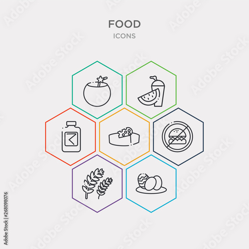 simple set of eggs sillhouettes, ear of wheat, forbidden burguer, cheese wedge icons, contains such as icons protein container, slice of melon and juice, drink in a coconut and more. 64x64 pixel
