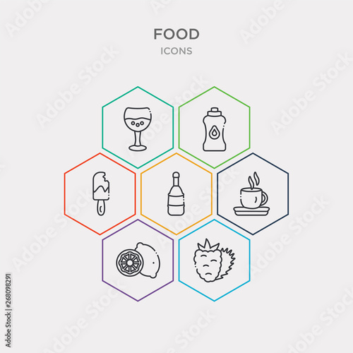 simple set of raspberry leaf, lemon slice, coffee cup with steam, champagne bottle icons, contains such as icons bitten ice cream, water container, half filled cocktail glass and more. 64x64 pixel