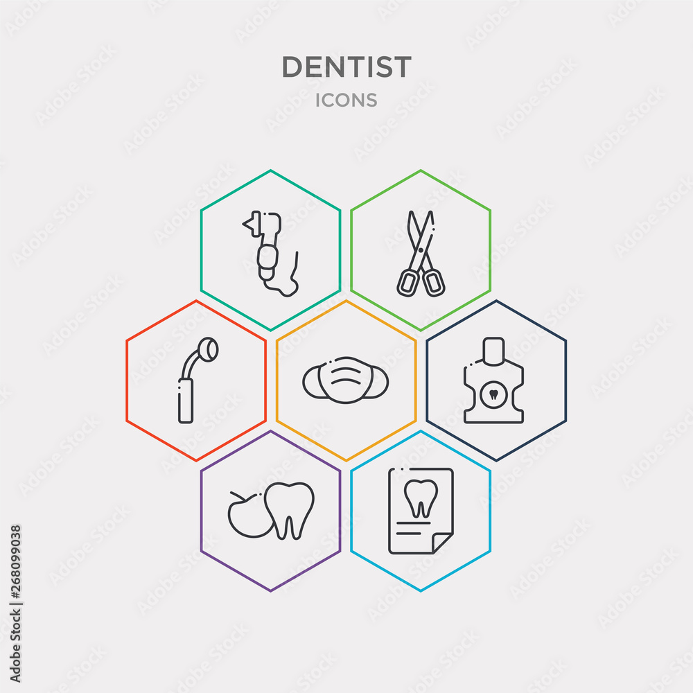 simple set of dental x ray, dentist apple, dentist bottle with liquid, dentist mask icons, contains such as icons mirror, scissors, dentists drill tool and more. 64x64 pixel perfect. infographics