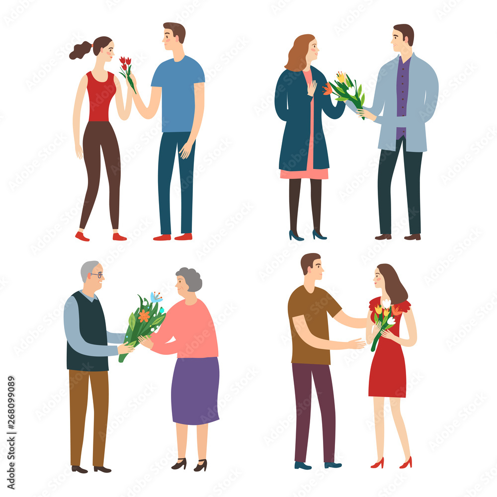 Fototapeta premium Set of men giving a bouquets of flowers to a women.