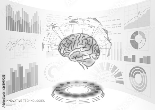 Brain diagnostic treatment low poly 3D HUD. Drug nootropic stimulant smart display. Medicine cognitive rehabilitation in Alzheimer disease and dementia doctor online vector illustration