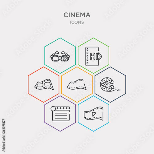 simple set of film strip with play triangle, movie clapper, film roll side view, film strip black icons, contains such as icons strip of two photograms, hd, old 3d glasses and more. 64x64 pixel