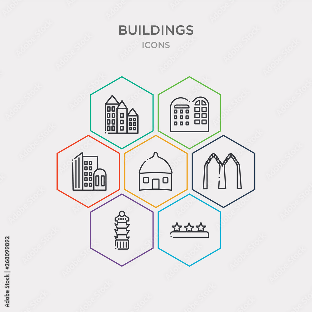 simple set of three stars, porcelain tower of nanjing, mosque of cordoba, village icons, contains such as icons town, future house, townhouse and more. 64x64 pixel perfect. infographics vector