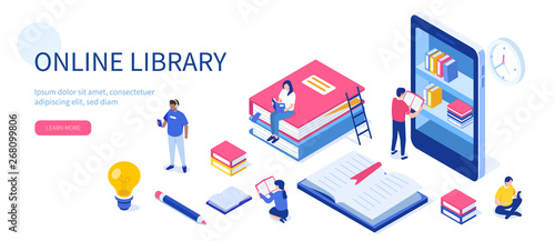 Media book library concept. Can use for web banner, infographics, hero images. Flat isometric vector illustration isolated on white background.
