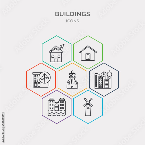 simple set of big windmill, city dock, city, old monument icons, contains such as icons house with scales, door open, house with line chart and more. 64x64 pixel perfect. infographics vector