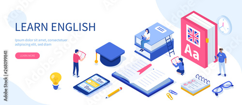Language school concept. Can use for web banner, infographics, hero images. Flat isometric vector illustration isolated on white background.