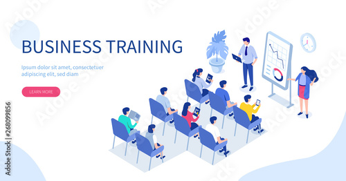 Business training or courses concept. Can use for web banner, infographics, hero images. Flat isometric vector illustration isolated on white background. photo