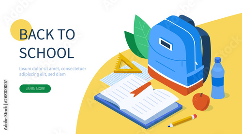 Back to school concept with text place. Can use for web banner, infographics, hero images. Flat isometric vector illustration isolated on white background.