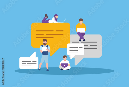 Happy people use a mobile smartphone and laptop to communicate with each other in social networks and instant messengers. Talk on a mobile phone, they can use a landing page, a template, a user. Flat.