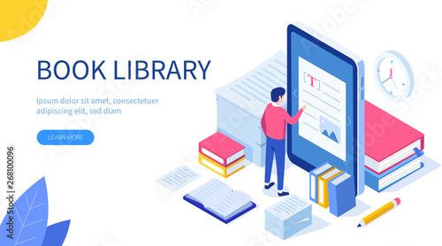 Media book library concept. Can use for web banner, infographics, hero images. Flat isometric vector illustration isolated on white background.