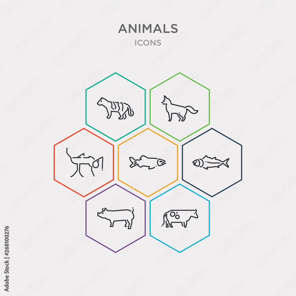Φωτογραφία simple set of cow, pig, tuna, salmon icons, contains such as icons mosquito, fox, tiger and more