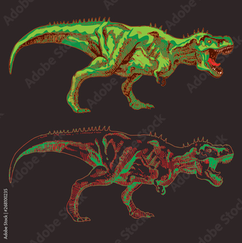  vector image of a large agressive dinosaur with a ripped mouth in the style of graphic outline toon green huge hunter © Олег Резник