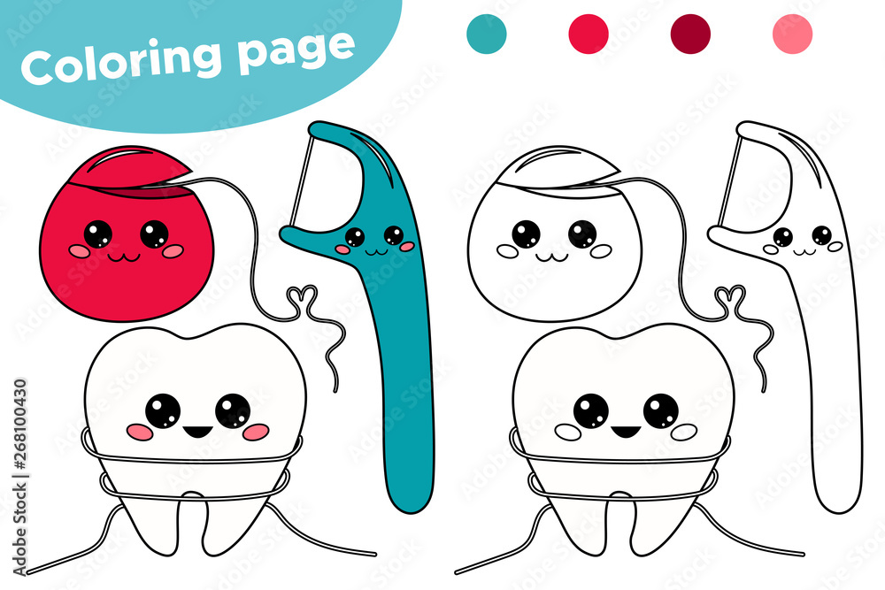 Coloring page for kids about dental hygiene. Cute kawaii cartoon tooth