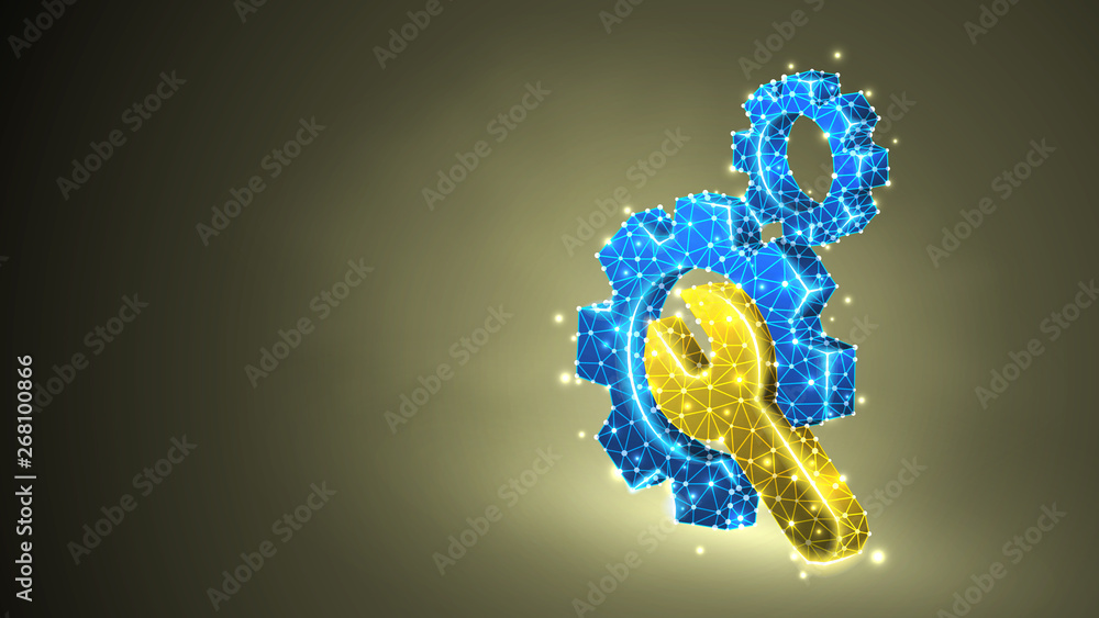 Gears, adjustable wrench. Industry, business solution, technology, machine engineering concept. Abstract, digital, wireframe, low poly mesh, vector colorful 3d illustration. Triangle, line, dot, star Gears, adjustable wrench. Industry, business solution, technology, machine engineering concept. Abstract, digital, wireframe, low poly mesh, vector colorful 3d illustration. Triangle, line, dot, star
