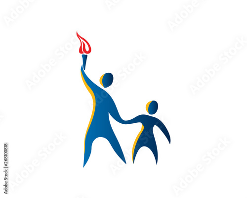 Modern Teacher and Student Holding Torch Education Logo In Isolated White Background
