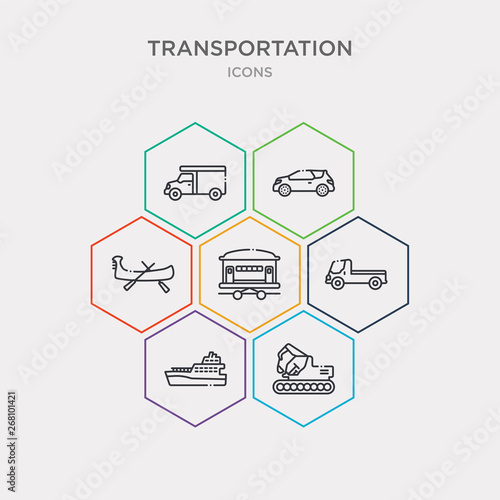 simple set of excavators, ferry boat, flatbed lorry, funicular railway icons, contains such as icons gondola, hatchback, haul and more. 64x64 pixel perfect. infographics vector