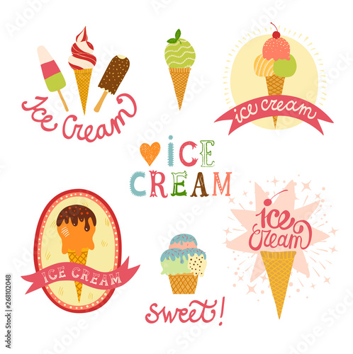 Hand drawn ice cream emblems set