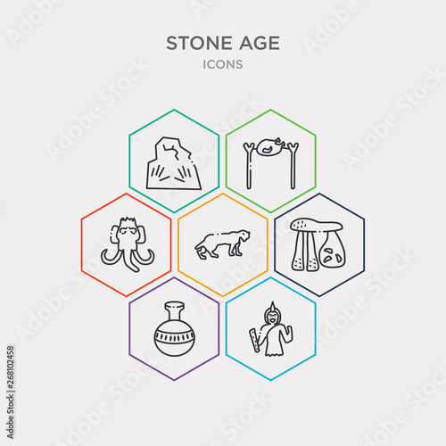 simple set of troglodyte, pottery, dolmen, saber toothed tiger icons, contains such as icons mammoth, roast chicken, rock art and more. 64x64 pixel perfect. infographics vector