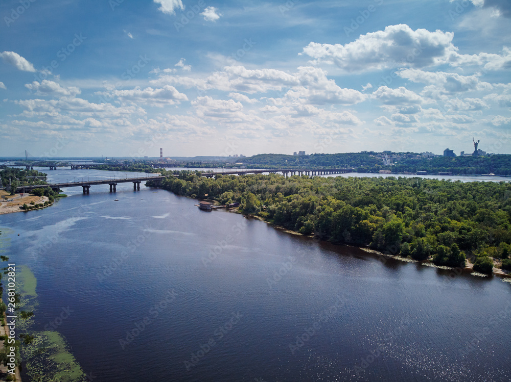 Aerial drone view of Dnipro river and Kyiv city.