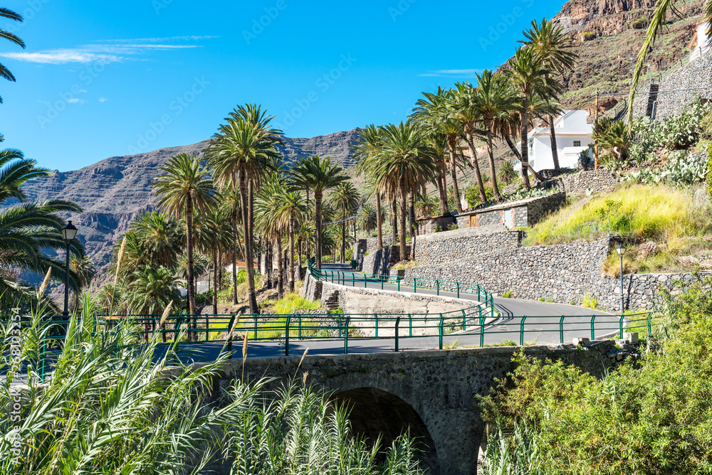 Arch bridge and overpass in the famous canyon Valle Gran Rey on La Gomera