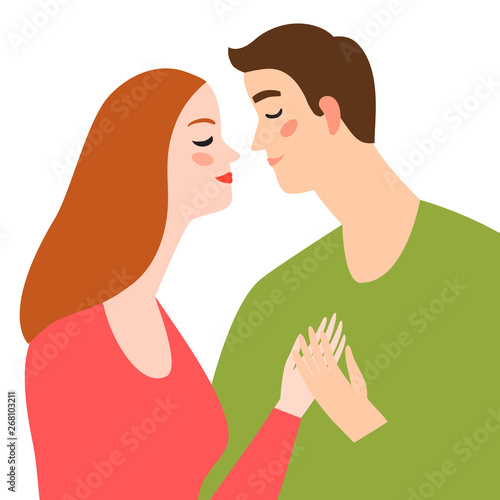 Cute cartoon man and woman before kiss.