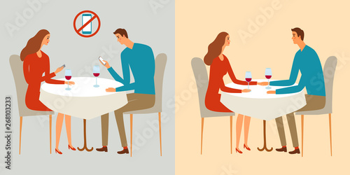 Pair sitting in a restaurant with and without phones.