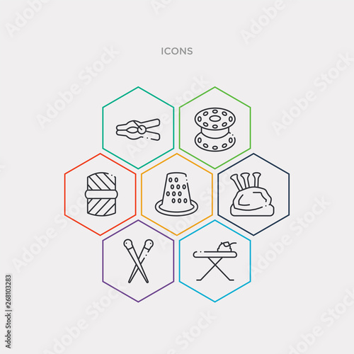 simple set of ironing board, knitting neddles, pincushion, thimble icons, contains such as icons wool, bobbin, clothespin and more. 64x64 pixel perfect. infographics vector