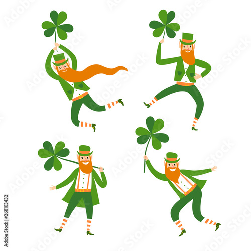 Set of cute cartoon leprechauns holding shamrocks