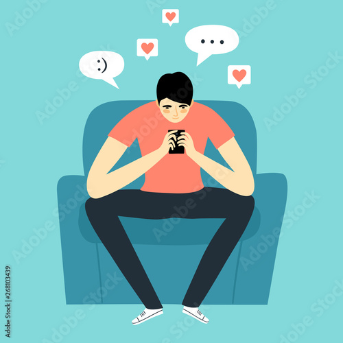 Cartoon man holding smartphone and chatting.