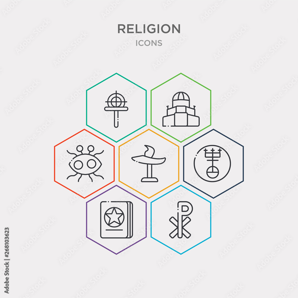 simple set of nordic paganism, chi rho, wicca, united church of christ  icons, contains such as icons unitarian universalism, pastafarianism, bahá  í and more. 64x64 pixel perfect. infographics vector Stock Vector