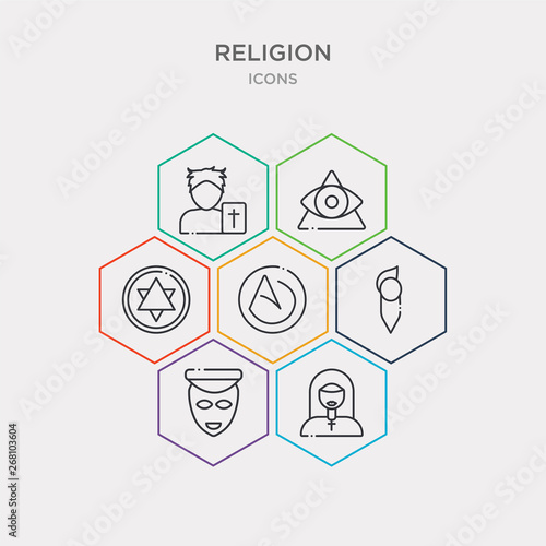 simple set of agnosticism, anglican, animism, asceticism icons, contains such as icons atheism, blasphemy, cao dai and more. 64x64 pixel perfect. infographics vector