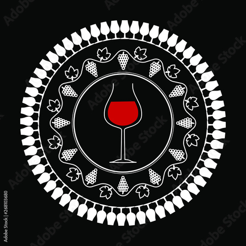 Logo rond noir et blanc pour un commerce de vin, un producteur ou un bar à vin avec des verres et du raisin.