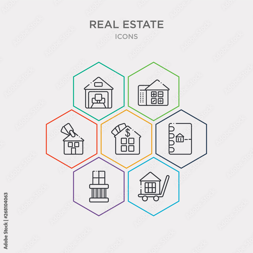 simple set of shopping, balcony, catalog, deposit icons, contains such as icons real state, calculate, storehouse and more. 64x64 pixel perfect. infographics vector