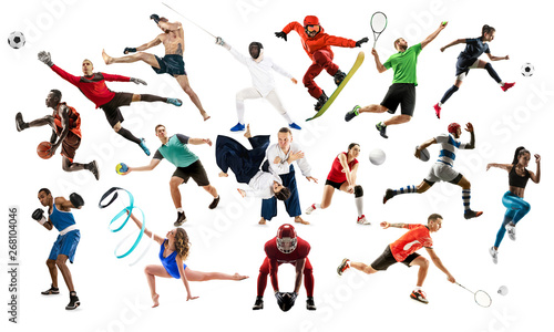 Sport collage. Tennis, running, badminton, soccer and american football, basketball, handball, volleyball, boxing, MMA fighter and rugby players. Fit women and men standing isolated on white