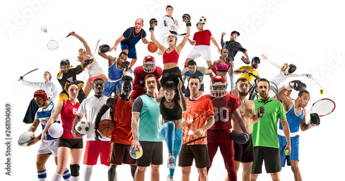 Sport collage. Tennis, running, badminton, soccer and american football, basketball, handball, volleyball, boxing, MMA fighter and rugby players. Fit women and men standing isolated on white