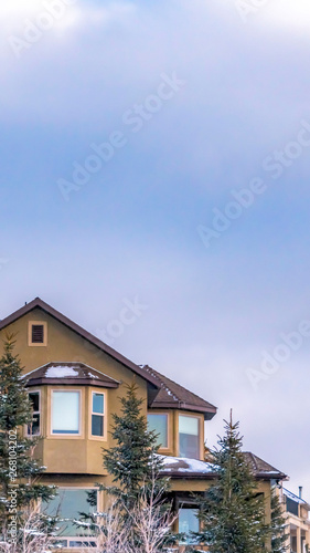 Clear Vertical Exterior of an elegant house against blue sky with puffy clouds in winter