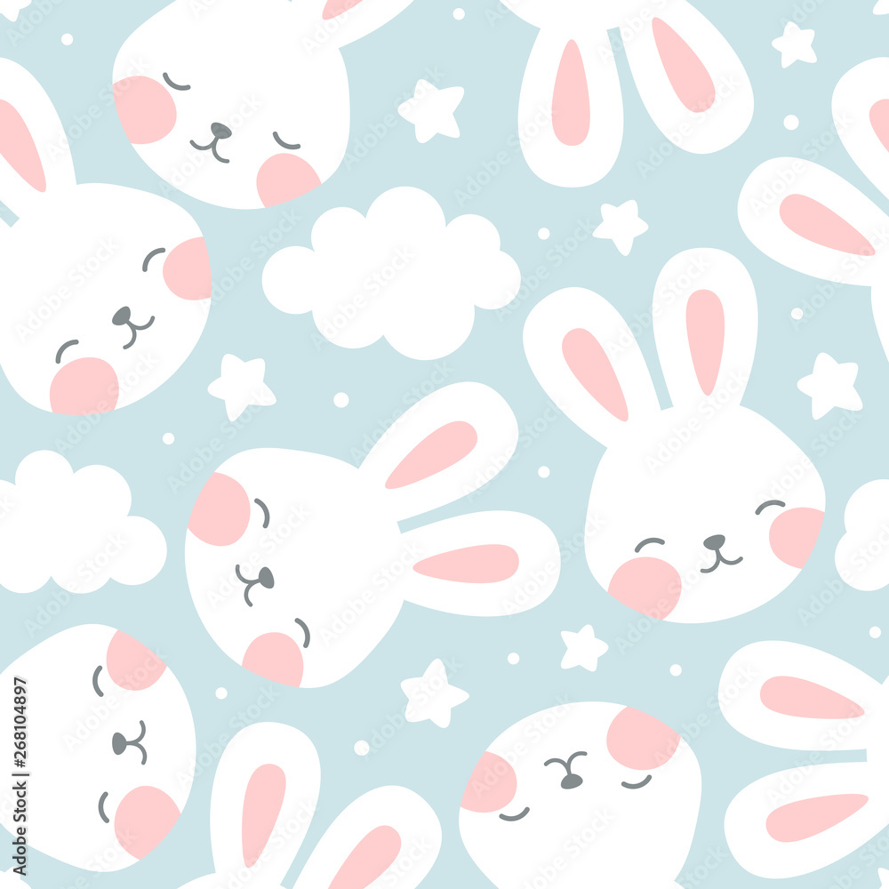 Rabbit and chick Seamless Pattern Background, Scandinavian Happy bunny with cloud, easter. cartoon rabbit vector illustration for kids nordic background