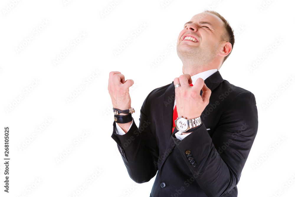 Happy young business man celebrating success shouting upwards, over white background, gesture Happy young business man celebrating success shouting upwards, over white background, gesture
