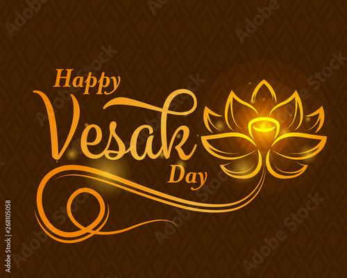 happy vesak day banner with abstract gold lotus flower sign and typography text on brown texture background vector design