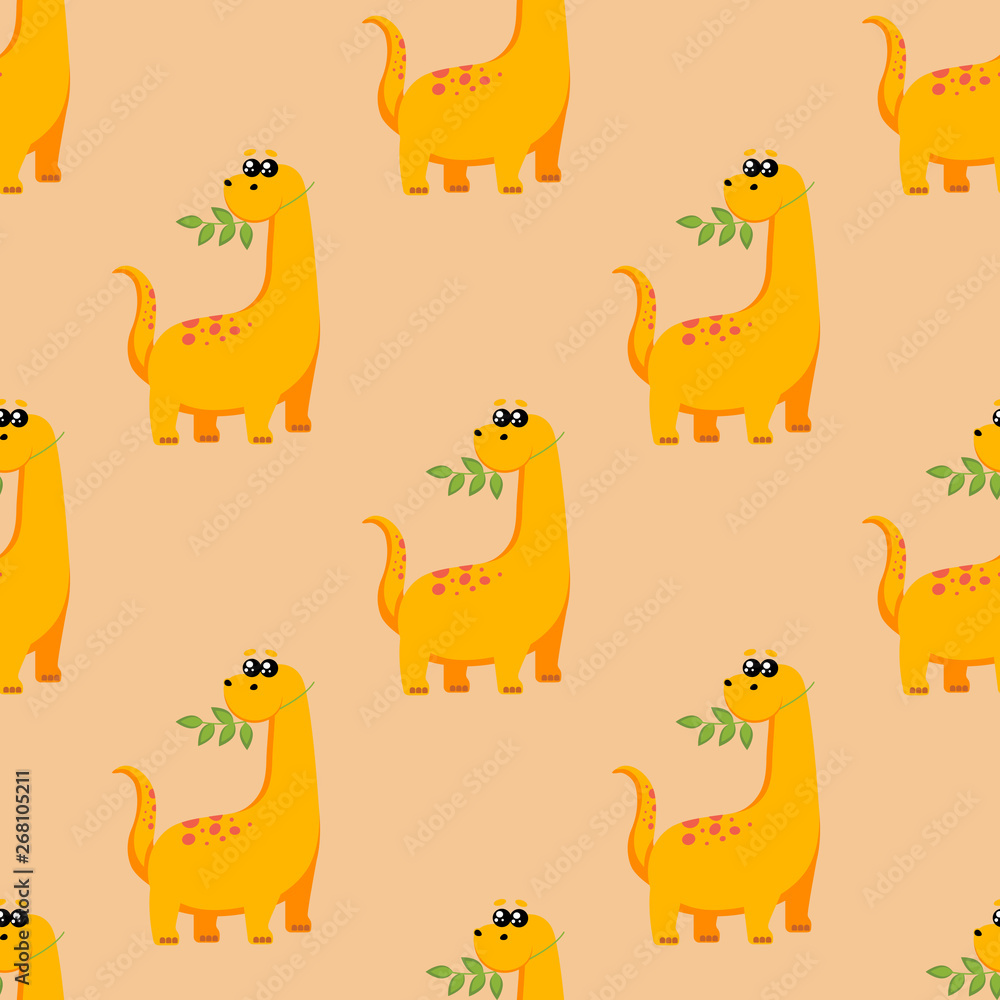 Cute kids dinosaurs pattern for girls and boys. A bright dinosaur eating a branch with leaves. The illustration can be used as a print, pattern, background. Cute kids dinosaurs pattern for girls and boys. A bright dinosaur eating a branch with leaves. The illustration can be used as a print, pattern, background.