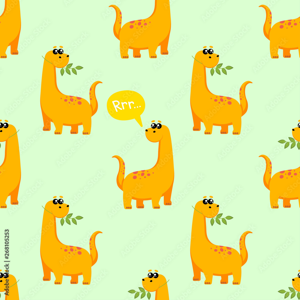 Cute kids dinosaurs pattern for girls and boys. A bright dinosaur eating a branch with leaves. The illustration can be used as a print, pattern, background. Cute kids dinosaurs pattern for girls and boys. A bright dinosaur eating a branch with leaves. The illustration can be used as a print, pattern, background.
