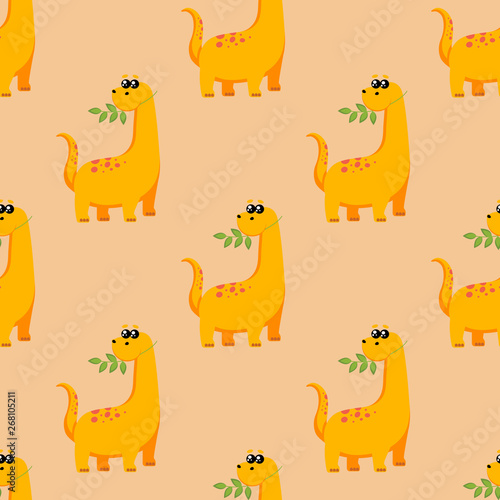 Cute kids dinosaurs pattern for girls and boys. A bright dinosaur eating a branch with leaves. The illustration can be used as a print  pattern  background.