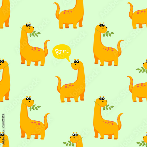 Cute kids dinosaurs pattern for girls and boys. A bright dinosaur eating a branch with leaves. The illustration can be used as a print, pattern, background.