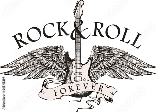 rock n roll Guitar vector image with wings and inscription on rock and roll tapes in the style of a graphic sketch